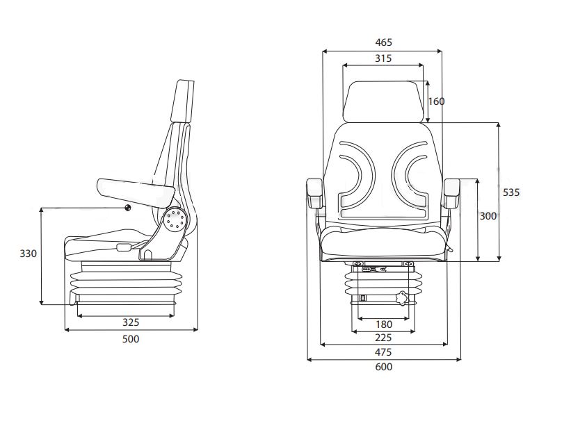 SIÈGE CABINE SG2 EN TISSUS NOIR SUSPENSION MECANIQUE, ACCOUDOIRS, CEINTURE (Base étroite)